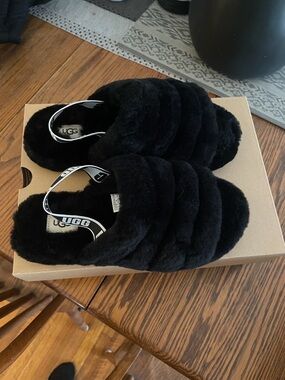 UGG Black Fuzzy Slide Sandals with Logo Backstrap